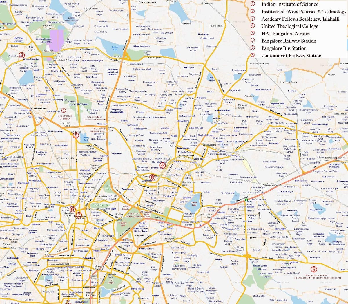 mapa ang ruta ng Bangalore